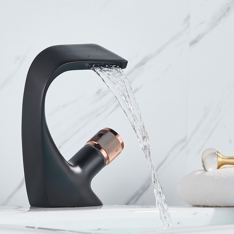 Rozin Matte Black Basin Faucets Waterfall Modern Brass Bathroom Faucet Deck Mount Simple Design Crane Cold Hot Water Mixer Tap|Basin Faucets|   - AliExpress