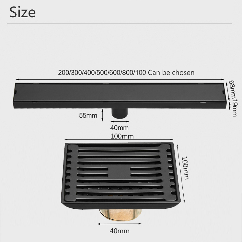 Rozin Matte Black Floor Drains 10/20/30/60cm Invisible Bathroom Floor Drain 10*10cm Square Shower Deodorant Waste Drain Strainer|Drains|   - AliExpress