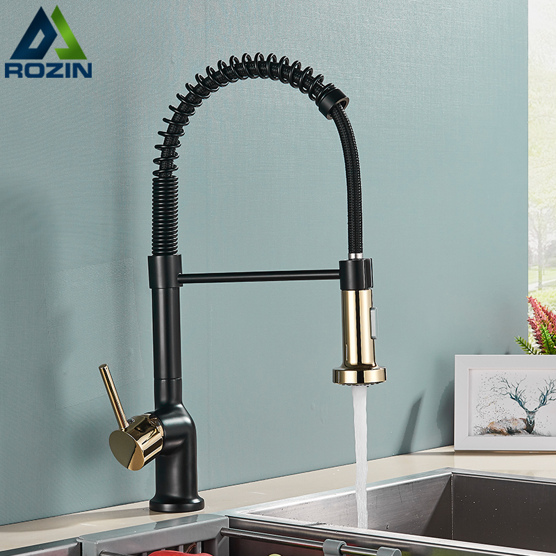 Rozin Black Gold Kitchen Faucet 3 Colors Deck Mounted 360 Degree Rotation grifo Pull Down Kitchen Sink Hot Cold Water Mixer Taps|Kitchen Faucets|   - AliExpress