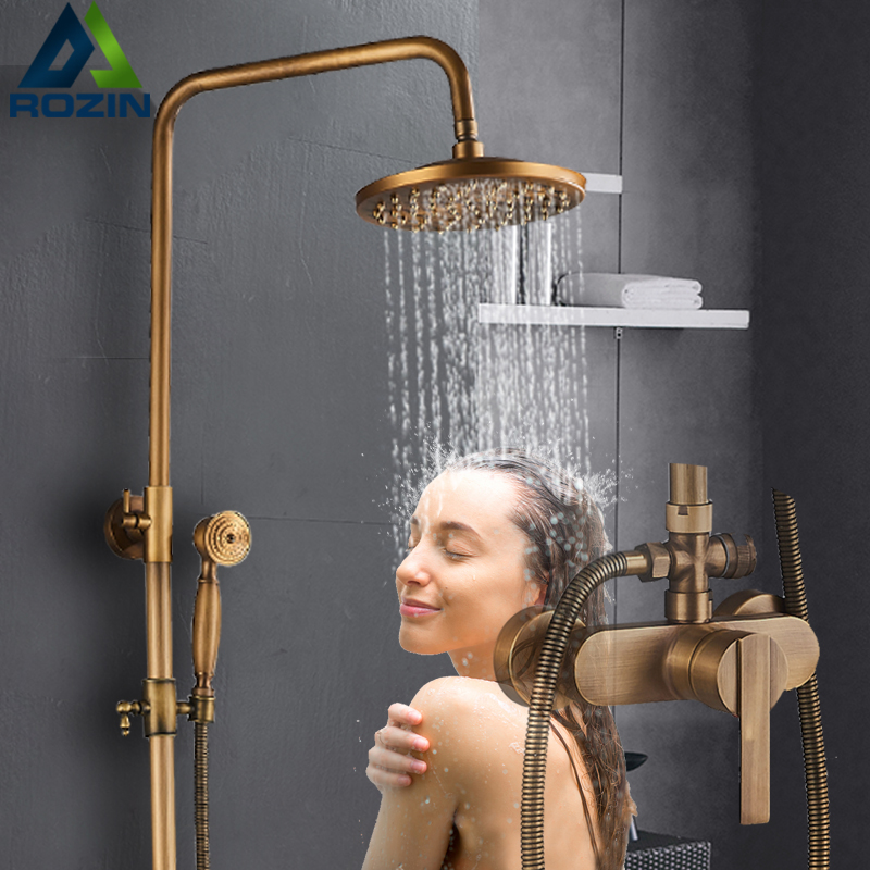 Antique Brass Shower Faucet Set Single Handle Bathroom Faucets Wall Mount Rainfall Mixer Taps with brass hand shower Bath Mixer|faucet set|shower faucet setshower faucets - AliExpress