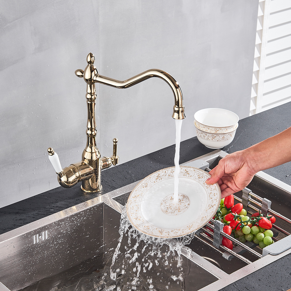 Golden Water Filter Kitchen Faucet Two Handle Kitchen Drinking Water Faucet Brass Swivel Spout 3 in 1 Water Purifier Sink Faucet|Kitchen Faucets|   - AliExpress