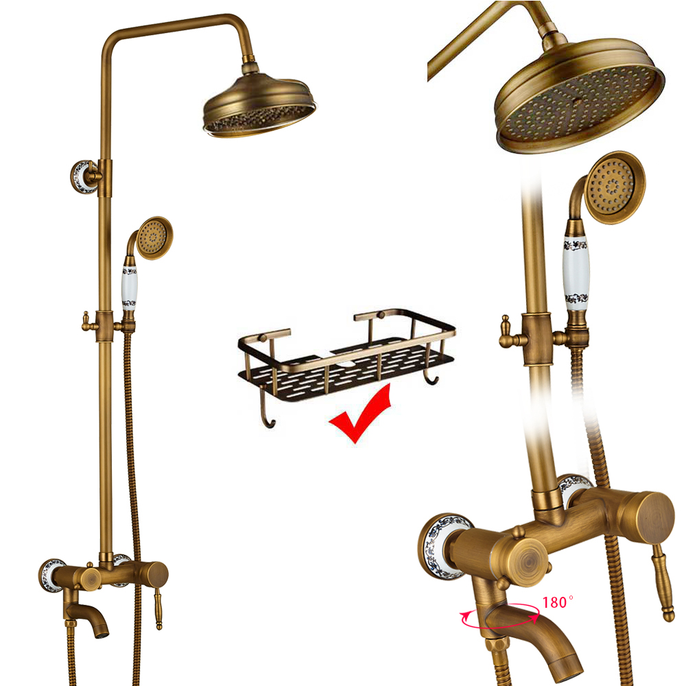 Antique Brass Bathroom Shower Faucet Complete Set Single Handle Ceramic Handshower Rotate Tub Filter Bath Shower Mixer Taps