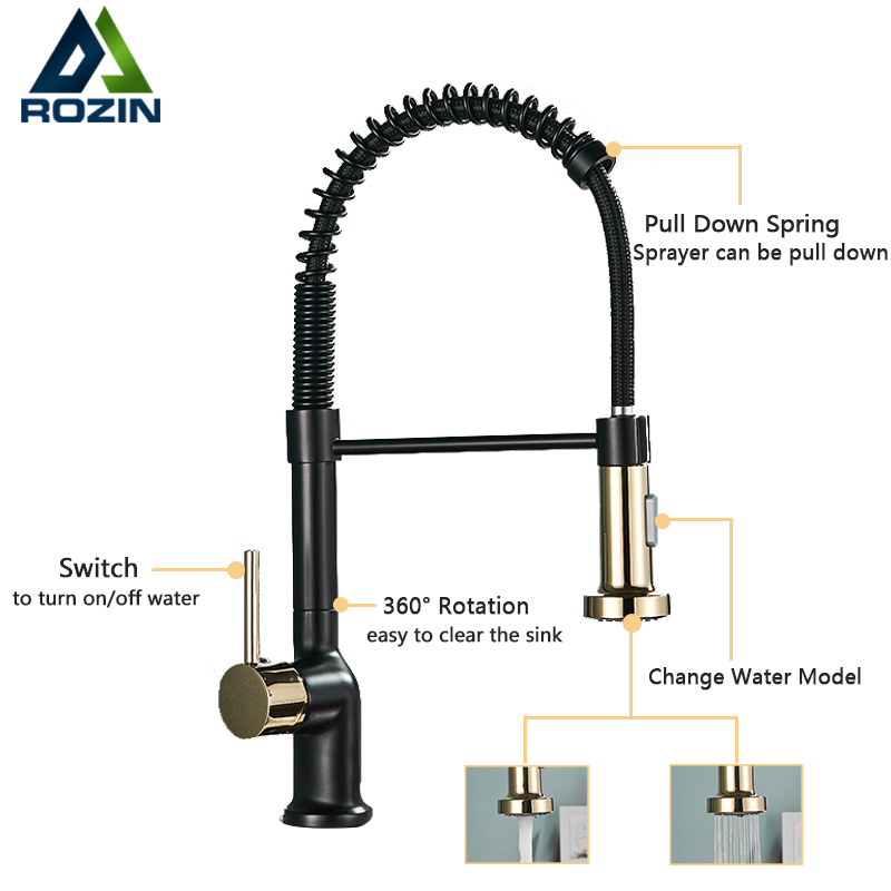 Rozin Black Gold Kitchen Faucet 3 Colors Deck Mounted 360 Degree Rotation grifo Pull Down Kitchen Sink Hot Cold Water Mixer Taps|Kitchen Faucets|   - AliExpress