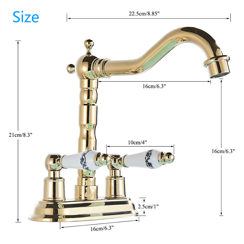 Rozin Gold Basin Faucet Dual Ceramics Handle Widespread Bathroom Faucets Deck Mounted Swivel Spout Hot Cold Water Mixers Tap|Basin Faucets|   - AliExpress