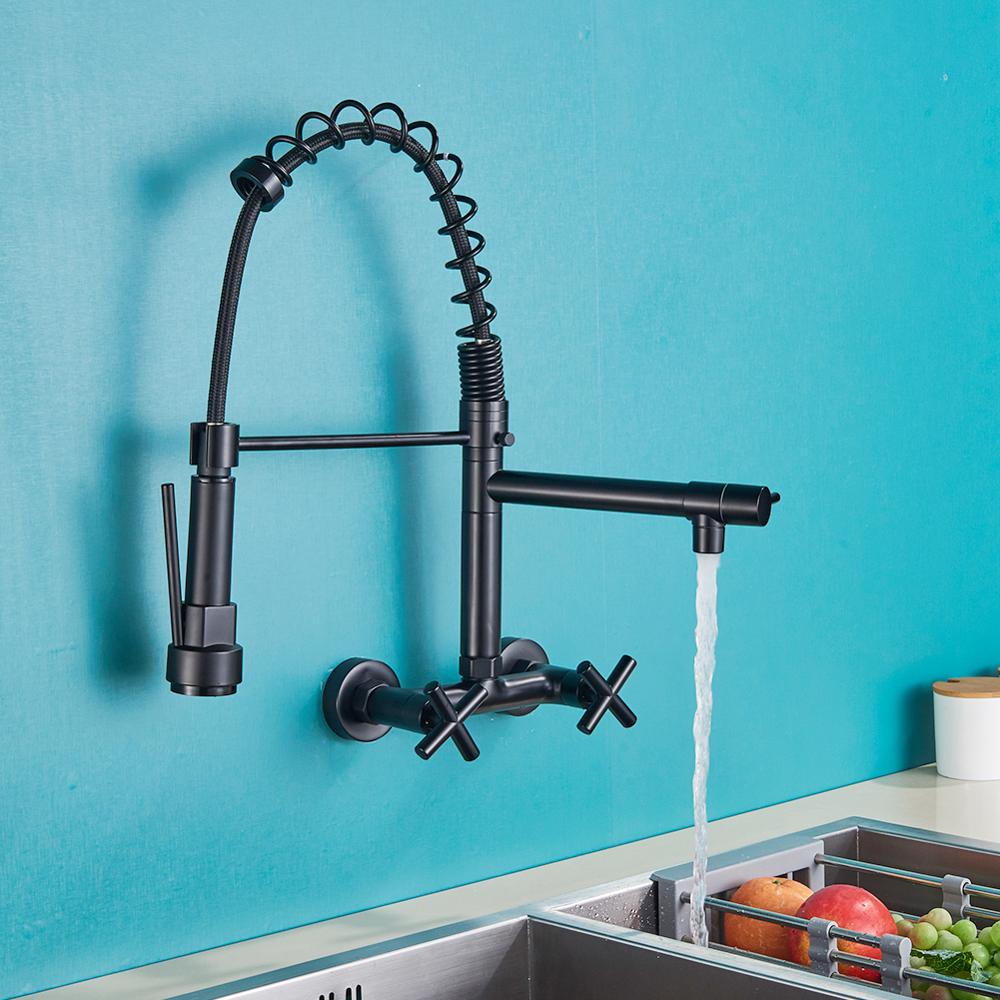 Rozin Black Kitchen Faucet Dual Handles Hot Cold Water Kitchen Mixer Tap Wall Mounted Dual Swivel Spout Spring Pull Down Faucets|Kitchen Faucets|   - AliExpress