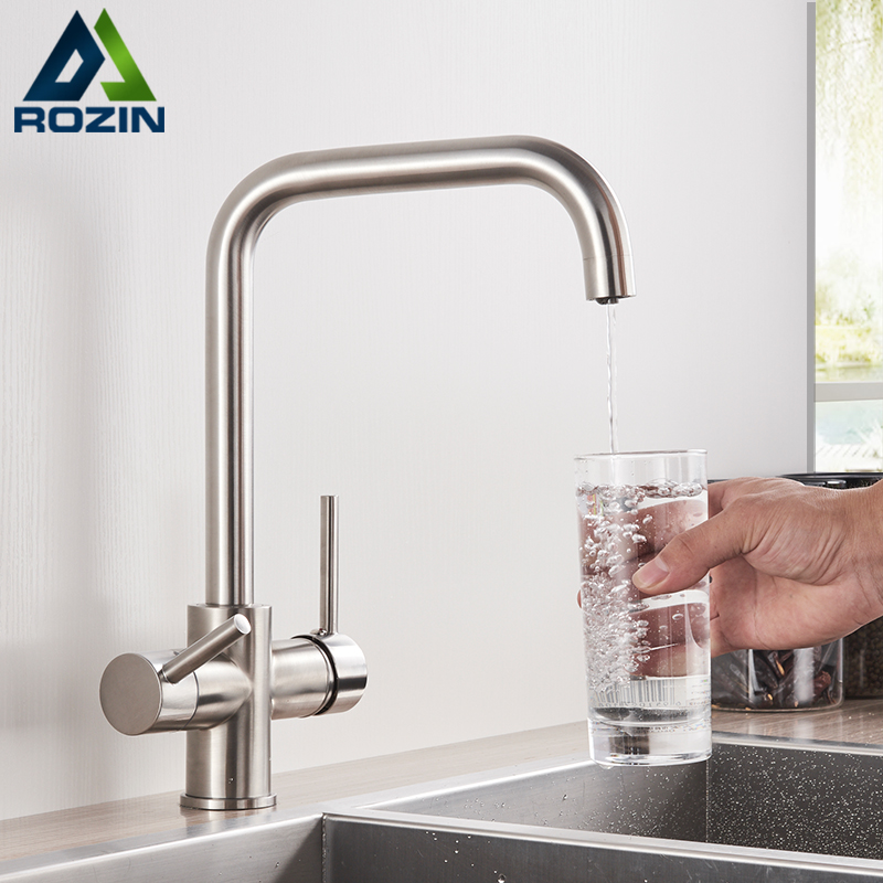 Rozin Brushed Nickel Purified Water Kitchen Faucet Dual Handles with Hot Cold Mixer Tap Brass Chrome Pure Water Filter Tap|Kitchen Faucets|   - AliExpress