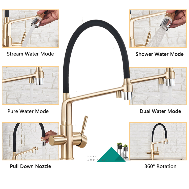 rozin Filter Kitchen Faucet Brushed Gold 360 Swivel Pure Water Faucets for Kitchen Black Pull Down Purification Water Mixer Tap|Kitchen Faucets|   - AliExpress