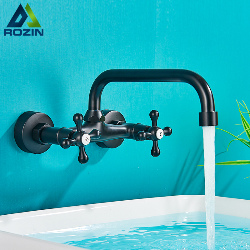 Rozin Black Basin Faucet Wall Mounted Dual Handles Bathroom Faucets Swivel Spout Antique Brass Crane Hot Cold Water Mixer Tap|Basin Faucets|   - AliExpress