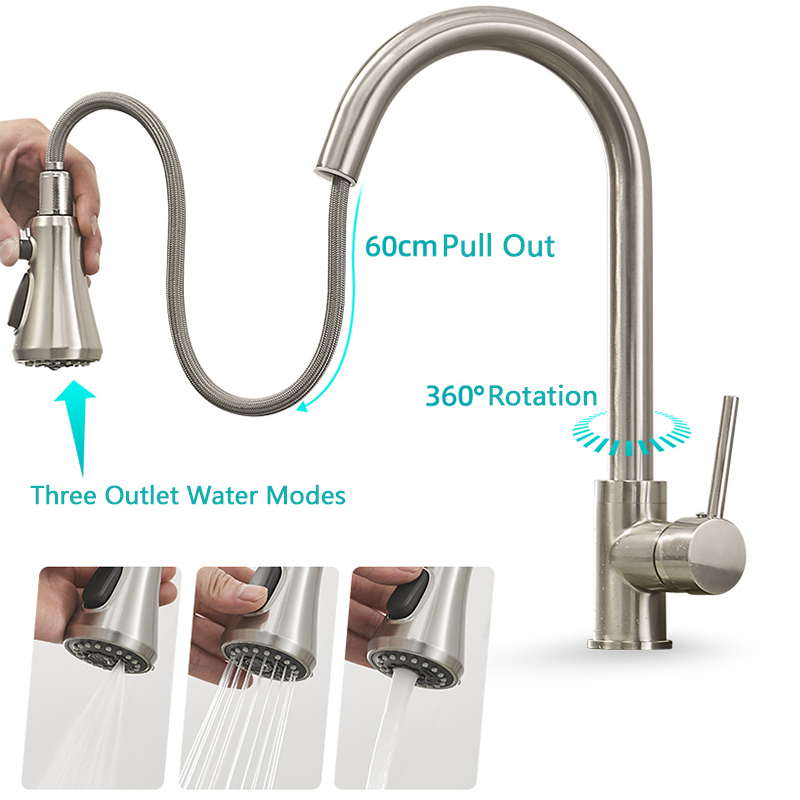 Rozin Brushed Nickel Kitchen Faucets Third Generation Pull Out Kitchen Mixer Facuet 3 Outlet Water Mode Spout Hot Cold Mixer Tap|Kitchen Faucets|   - AliExpress