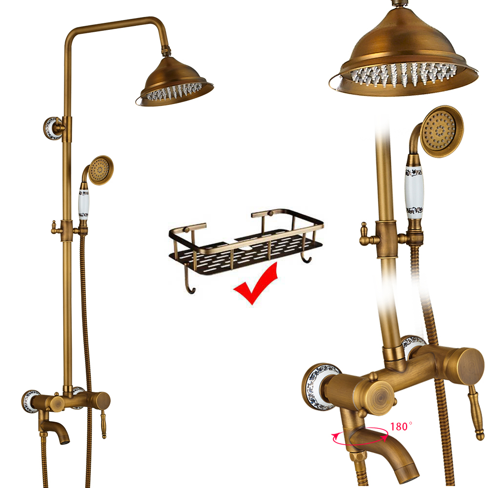 Antique Brass Bathroom Shower Faucet Complete Set Single Handle Ceramic Handshower Rotate Tub Filter Bath Shower Mixer Taps