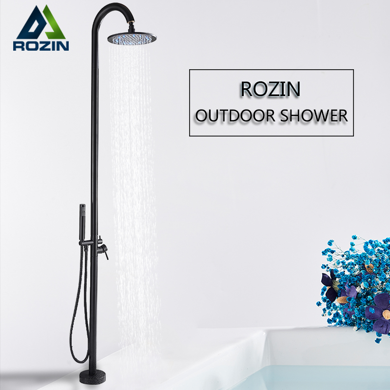 Rozin Outdoor Shower Faucet Set Black LED Floor Standing swimming pool Shower Kit Rotatable 10" Rainfall Head Bathroom Mixer Tap|Shower Faucets|   - AliExpress