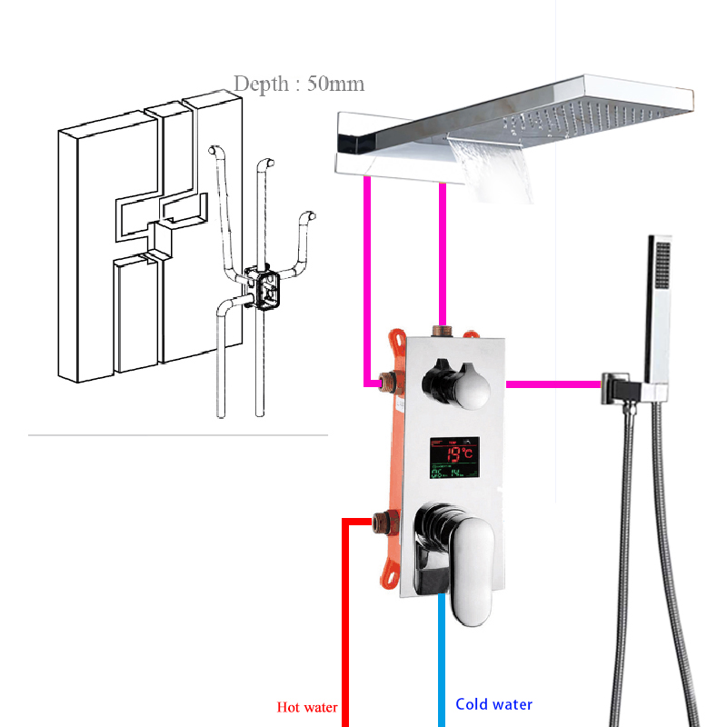 Luxury Bath Shower Mixer Kits Digital Display Wall Mounted  Rain Waterfall Shower Head Chrome Shower Faucet with Handshower|shower faucets|rain waterfallsbath shower mixers - AliExpress