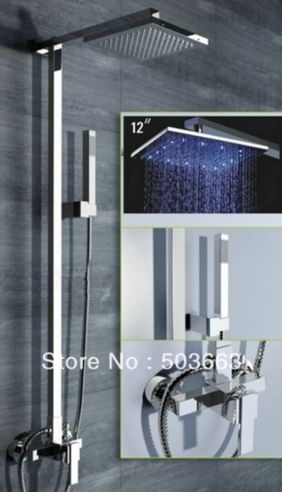 Wholesale 12" led Bathroom Rainfall Shower Head+ Arm Hand Spray Valve Faucet Set S-653 [Shower Faucet Set 2369|]