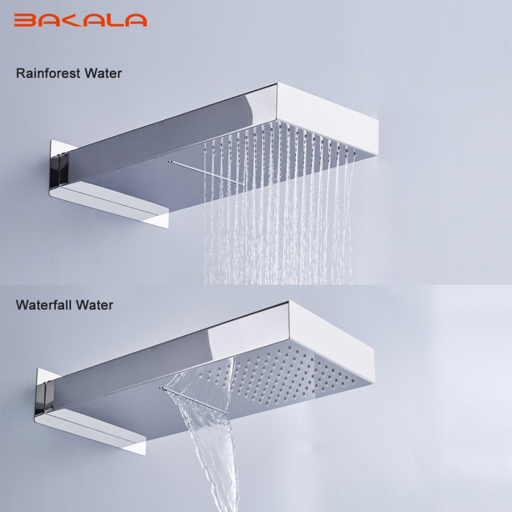 bakala 20" super big multifunctional shower head in wall 2 outlet rainfall and waterfall mirror chromed stainless steel