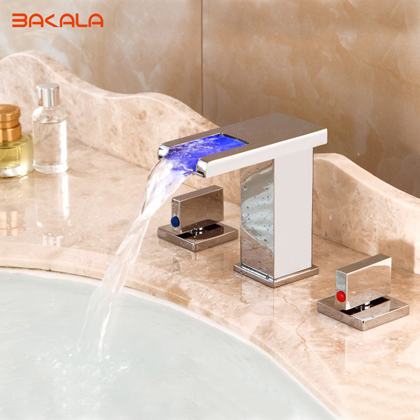 bakala all bronze dual handles waterfall spout led colors basin sink faucet deck mount 3pcs bathroom mixer tap