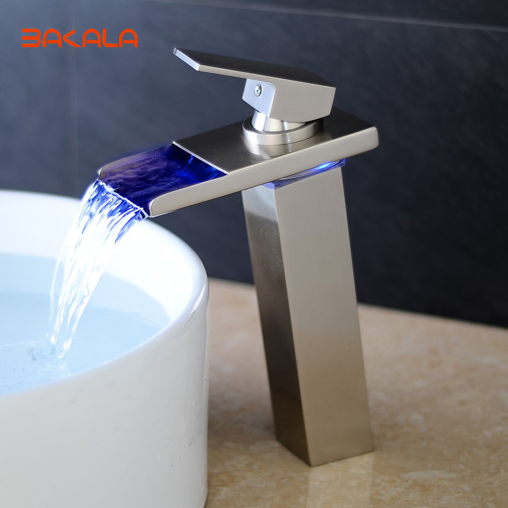 bakala deck mounted no battery nickel brushed led faucet for bathroom faucet tap bathroom waterfall lh-8045l