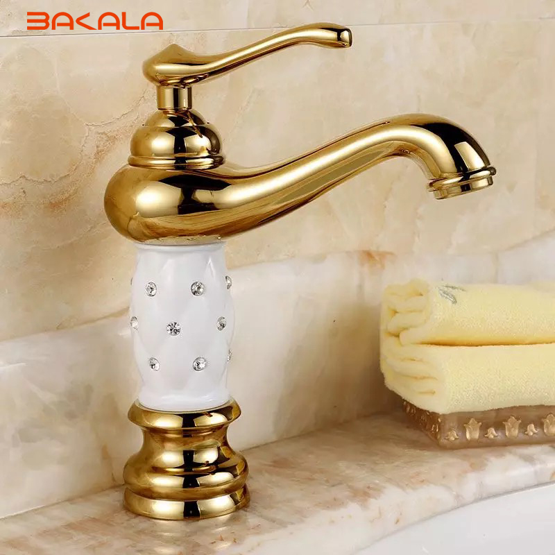 bakala elegant luxury golden crystal &cold water bathroom single hole basin faucet with diamond deck mounted brass mixer 1044