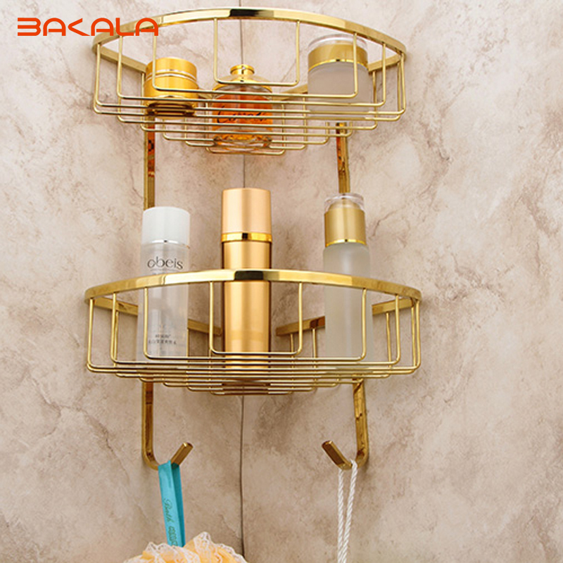 bakala golden finish decoration metal bathroom accessories brass double layer bathroom accessories rack br-6705