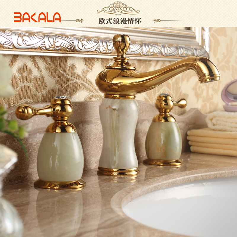 bakala natural jade brass gold 3 holes bathroom taps and cold antique wash basin faucet b-6668