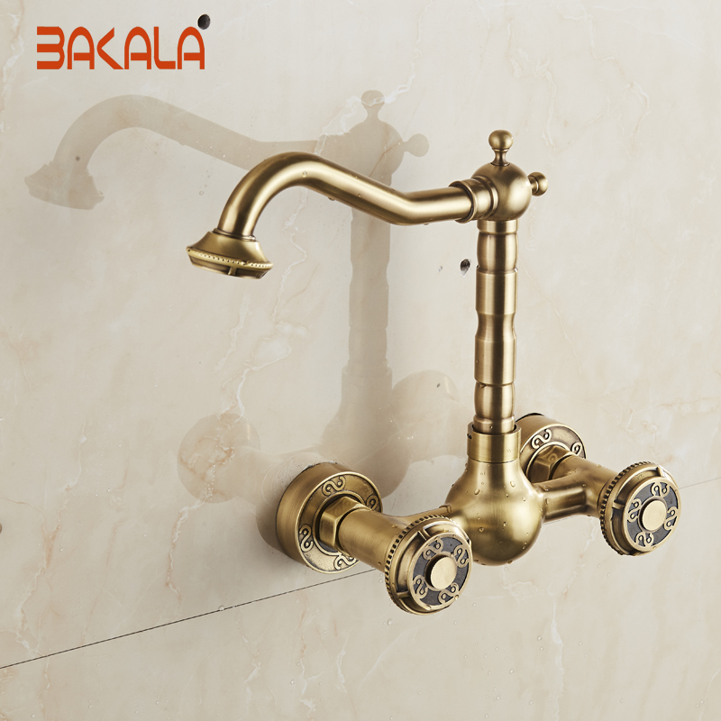 bakala wall mounted two handles antique brass finish kitchen sink bathroom basin faucet mixer tap br-10707