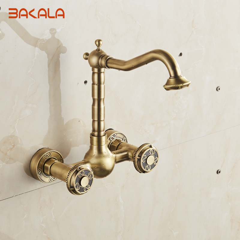 bakala wall mounted two handles antique brass finish kitchen sink bathroom basin faucet mixer tap br-10707