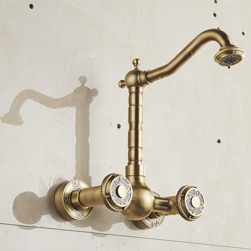 bakala wall mounted two handles antique brass finish kitchen sink bathroom basin faucet mixer tap br-10707