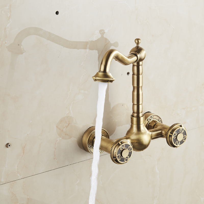 bakala wall mounted two handles antique brass finish kitchen sink bathroom basin faucet mixer tap br-10707