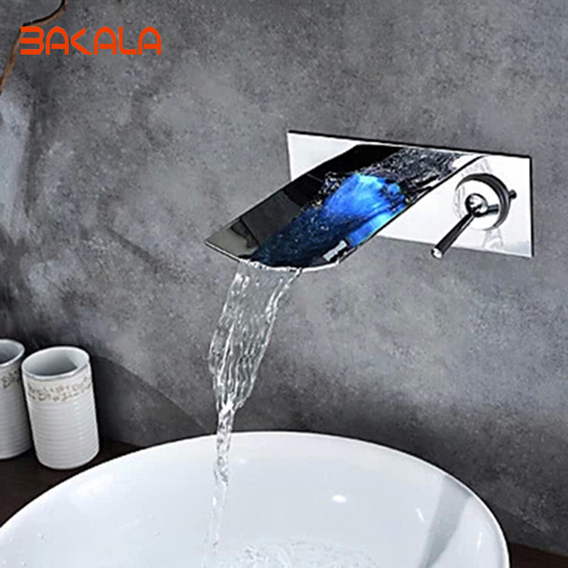 bakala water power led bathroom tap faucet temperature color changing led waterfall wall mount bathroom sink faucet lh-8085