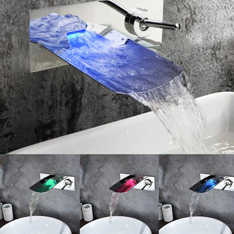 bakala water power led bathroom tap faucet temperature color changing led waterfall wall mount bathroom sink faucet lh-8085