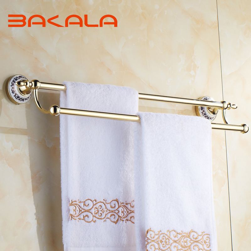 bakala whole and retail wall mounted gold-plate towel bars bathroom golden dual poles towel rod br-5510