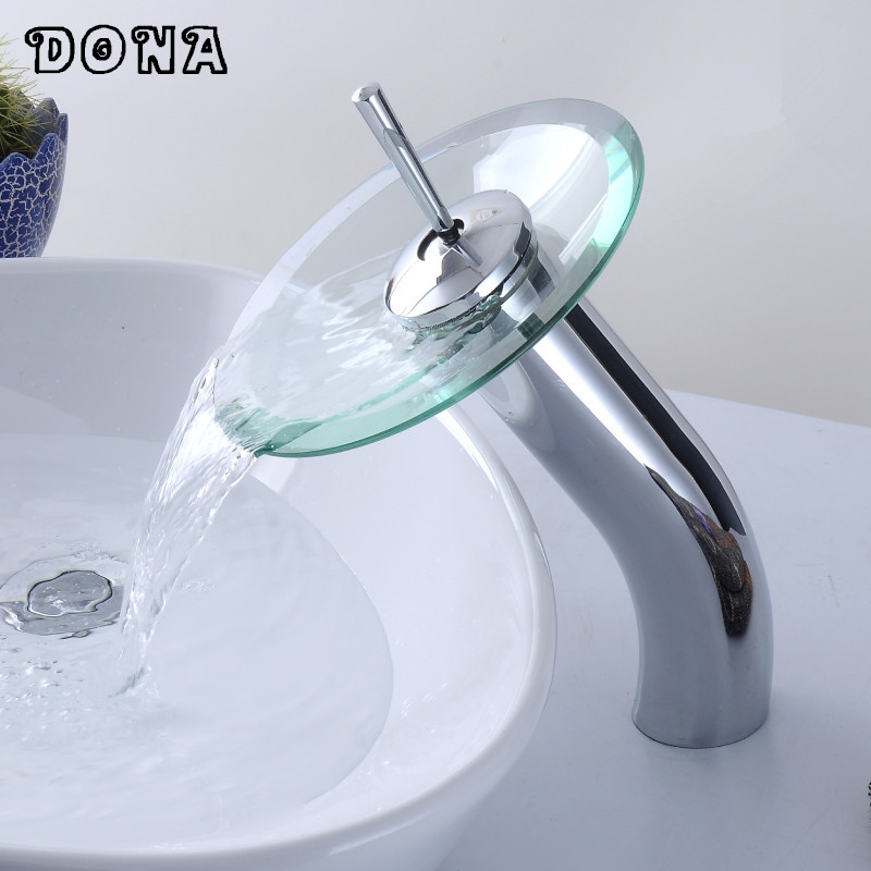 best promotion bathroom basin mixer tap waterfall faucet sink vessel chrome polished finish glass new excellent quality dona4055