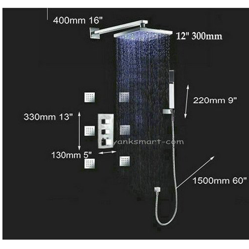 multifunction valve control brass led shower set (12' overhead shower head with arm+massage jets spray hand shower) 6kg wt5357