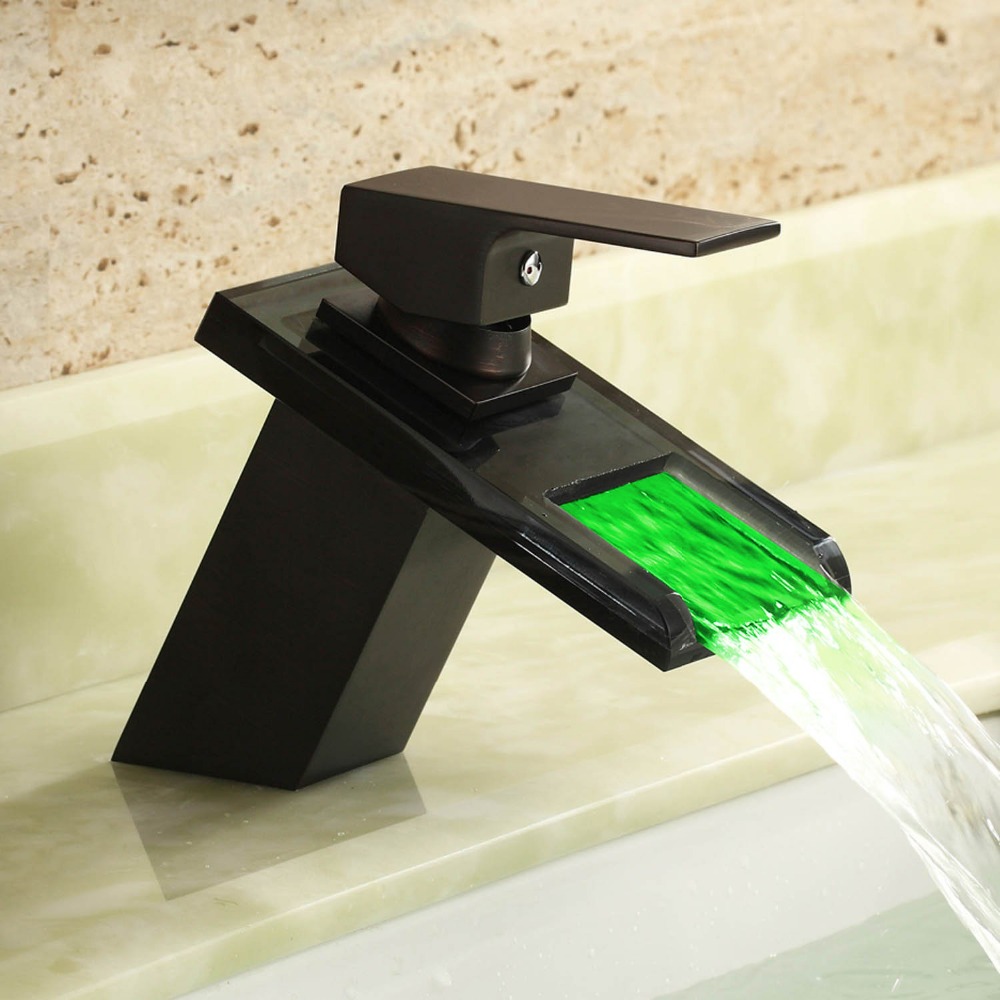 temperature controll led glass waterfall basin mixer black wash water faucet taps color change by the water temperature dona4072