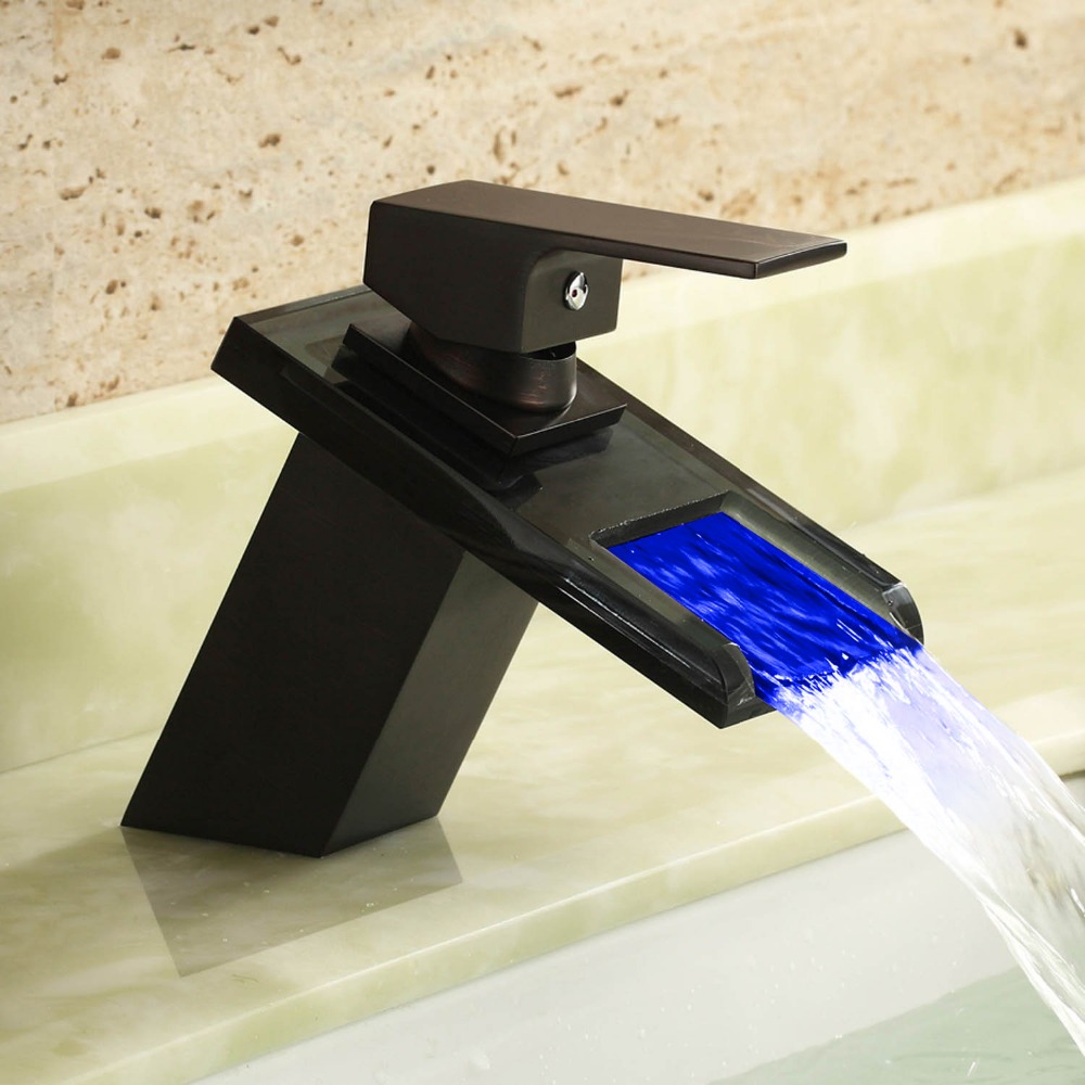 temperature controll led glass waterfall basin mixer black wash water faucet taps color change by the water temperature dona4072