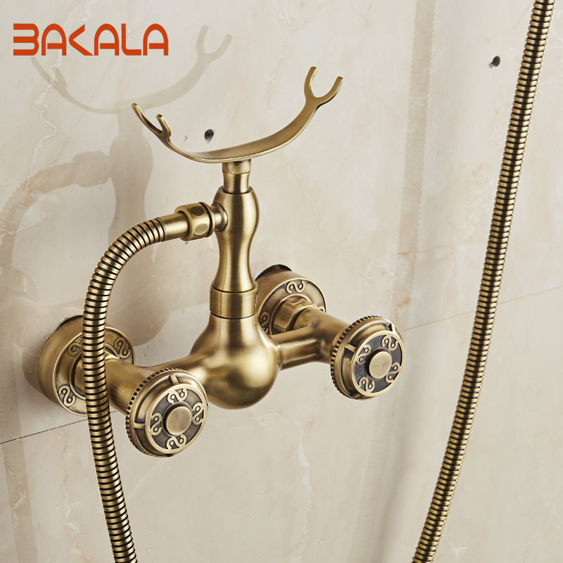 wall mounted two handles antique brass finish kitchen sink bathroom basin faucet mixer tap br-10851