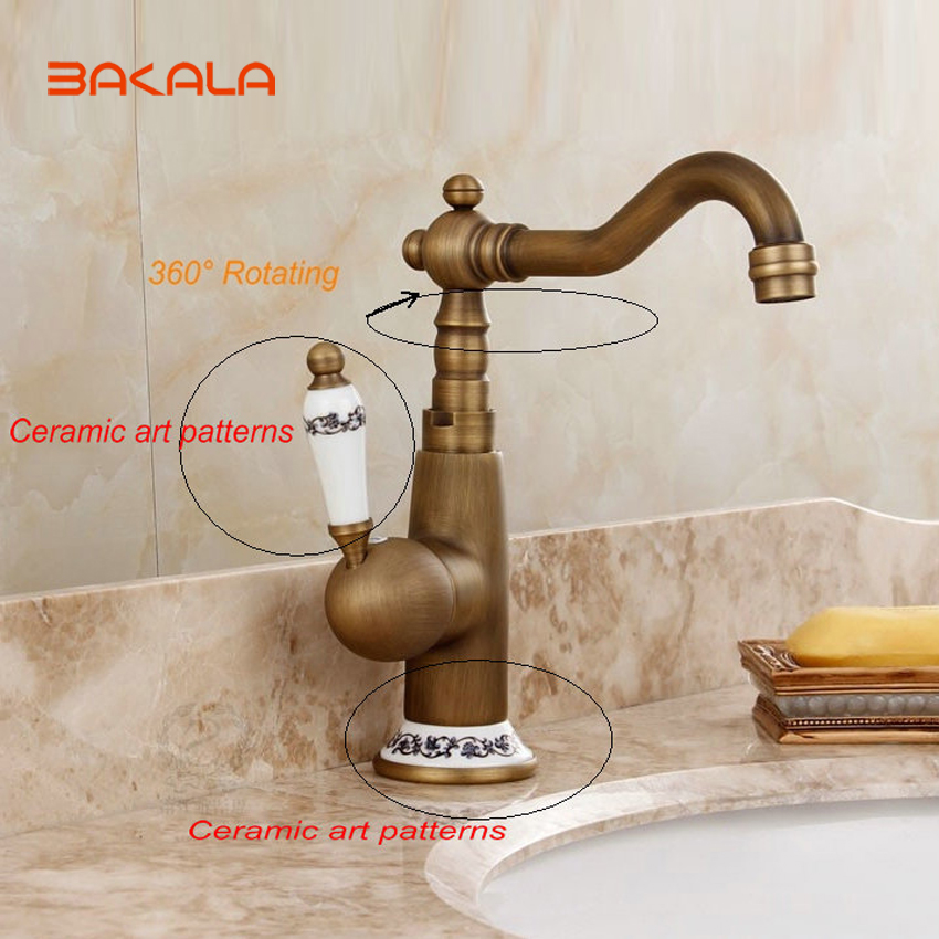 whole and retail deck mounted single handle hole bathroom sink mixer faucet antique brass and cold water face mixer tap