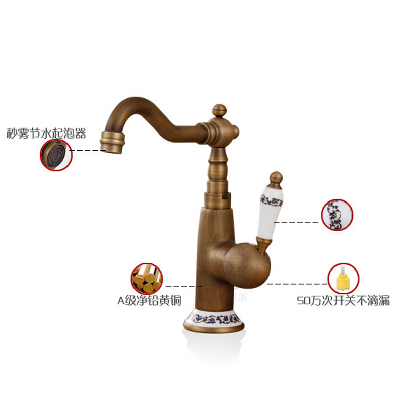 whole and retail deck mounted single handle hole bathroom sink mixer faucet antique brass and cold water face mixer tap