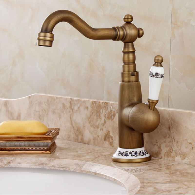 whole and retail deck mounted single handle hole bathroom sink mixer faucet antique brass and cold water face mixer tap