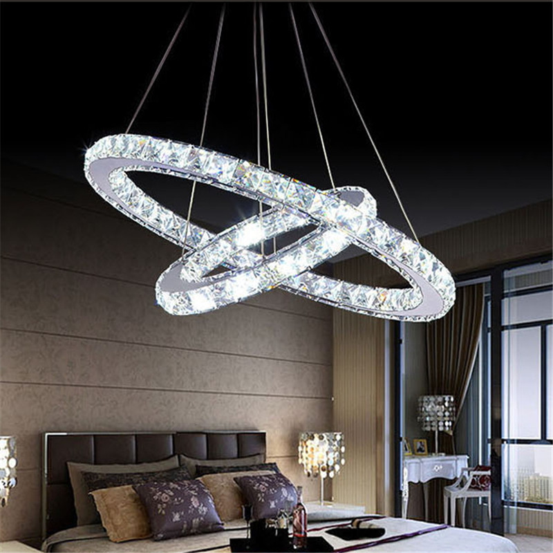 modern two circles led crystal chandelier light fixture vanity pendingt with dia d400+d200xh650 diamond ring lamp