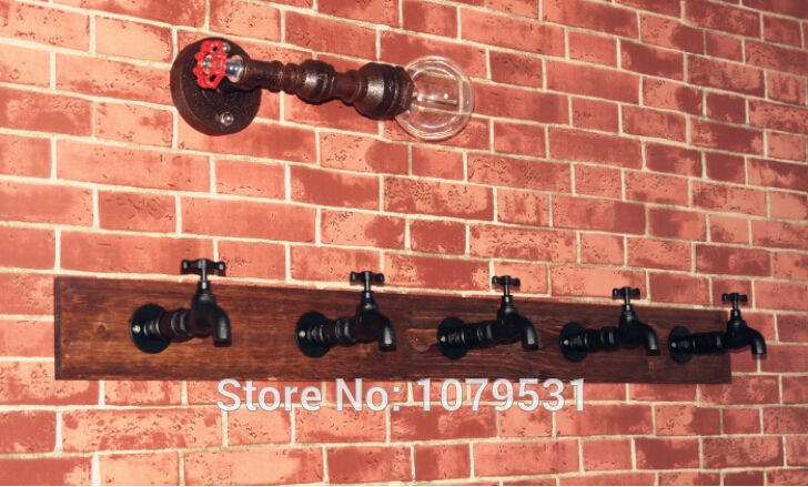 creative 5pcs tap coat hooks home decoration pipe sconce vintage single head e27 edison metal water pipe wall lamp bar lights