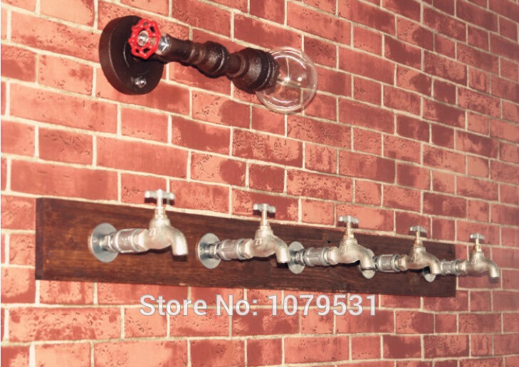 creative 5pcs tap coat hooks home decoration pipe sconce vintage single head e27 edison metal water pipe wall lamp bar lights