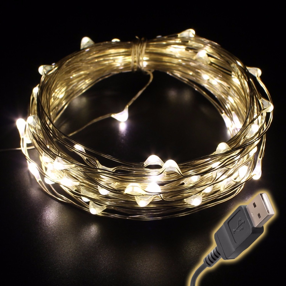 10pcs 33ft 10m 100 led micro waterproof silver copper wire led fairy string light, 5v usb , wedding supply christmas decor