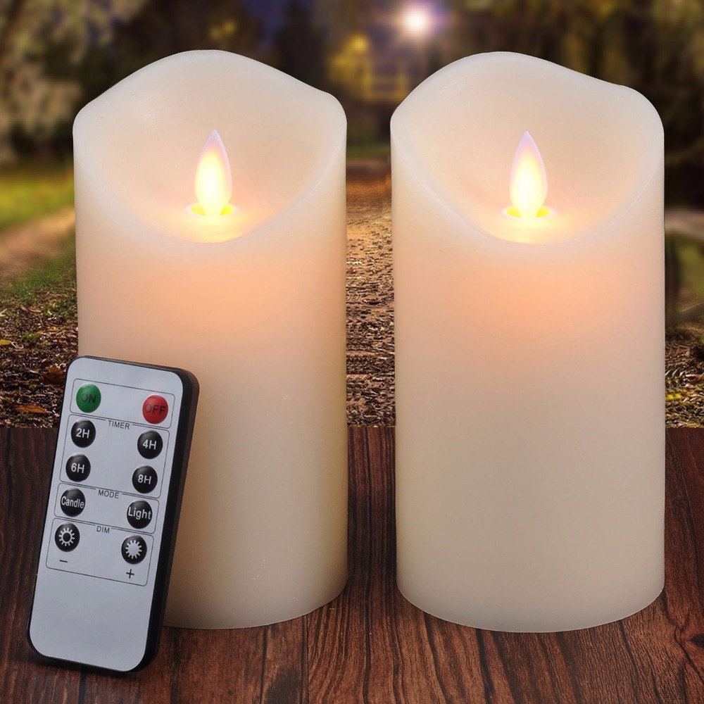 2 pieces 3.25"x6" led flameless candles with remote control timer, pillar moving flame real wax candles battery powered