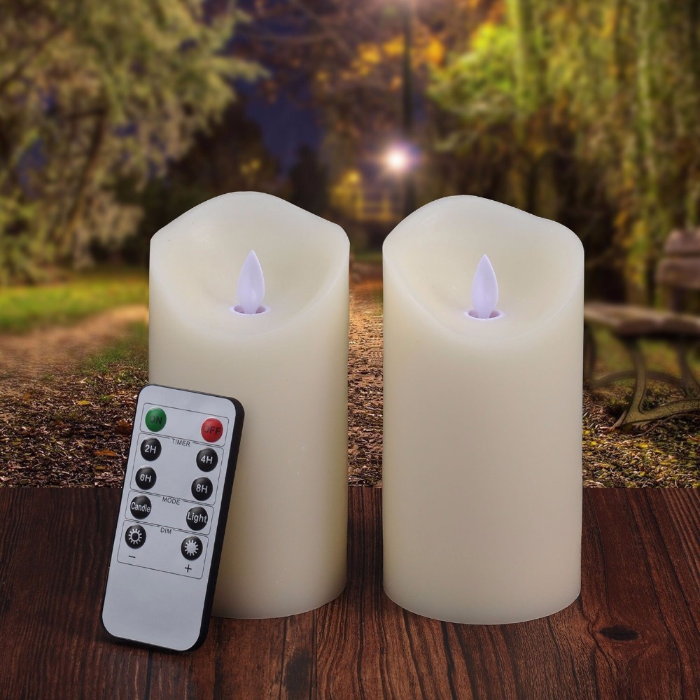 2 pieces 3.25"x6" led flameless candles with remote control timer, pillar moving flame real wax candles battery powered