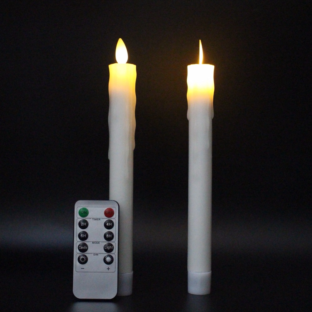 2pcs/lot paraffin wax moving wick flameless led candlestick long taper candle light, for christmas decor, with remote control