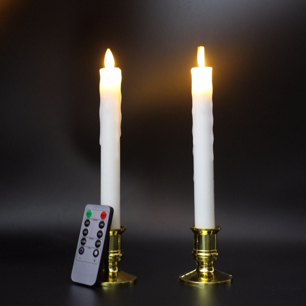 2pcs/lot paraffin wax moving wick flameless led taper candle candlestick light for christmas decor with remote control