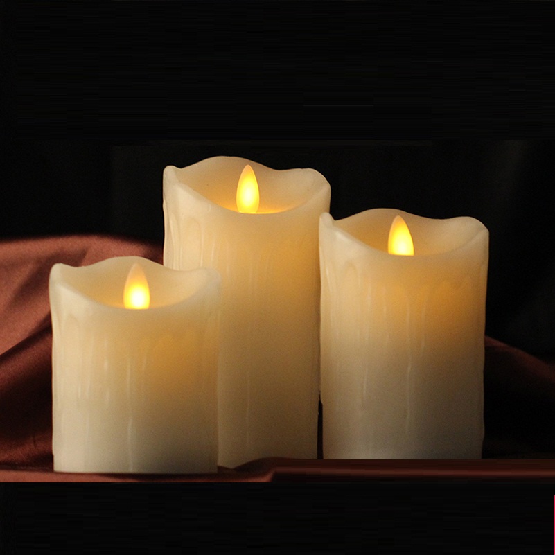 3pcs moving wick dancing flame wax pillar led candle set tears with remote control timer dimmer christmas wedding decor