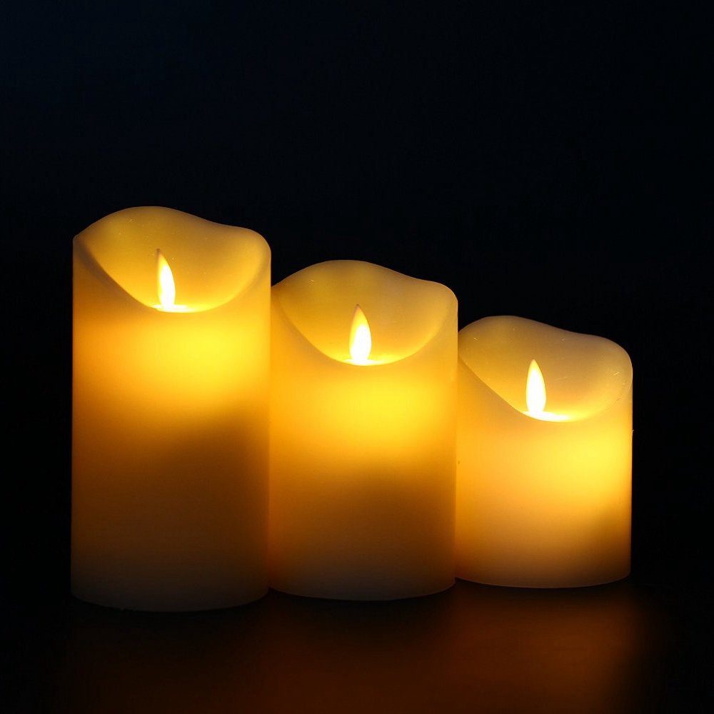 3pcs moving wick dancing flame wax pillar led candle set with remote control timer dimmer christmas wedding party decor