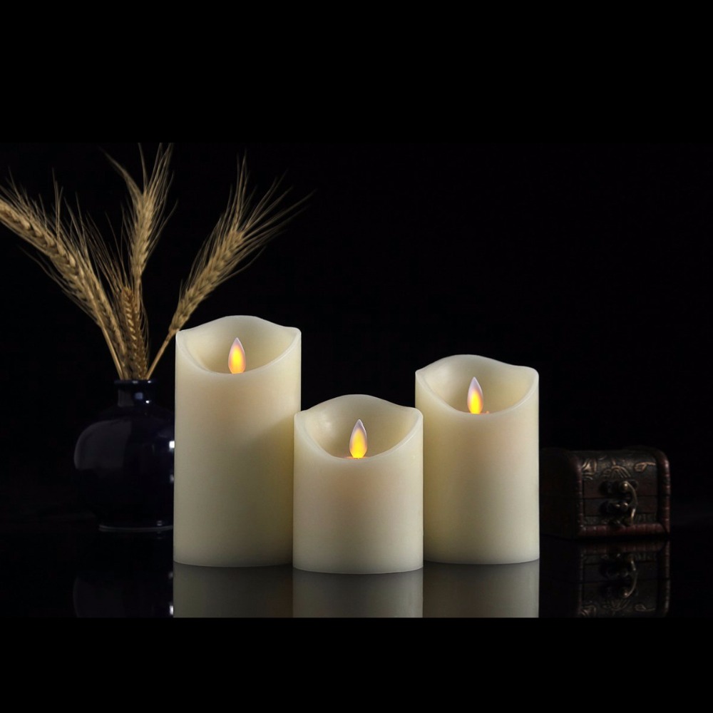 3pcs moving wick dancing flame wax pillar led candle set with remote control timer dimmer christmas wedding party decor