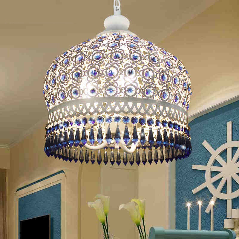 bohemian mediterranean blue crystal ceiling drop light pendant lamp lampshade lighting fixture for room restaurant cafe decor